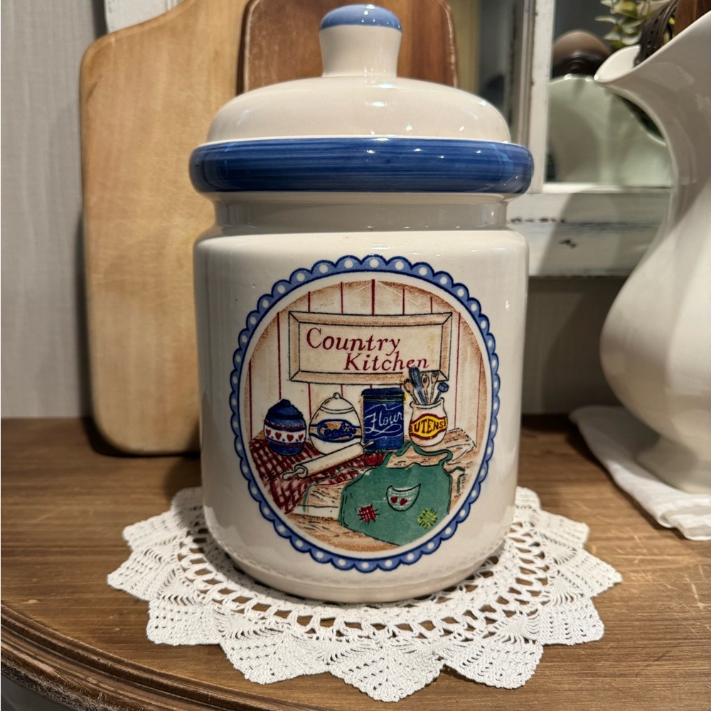 Country Kitchen Ceramic Cookie Jar with Blue Accents